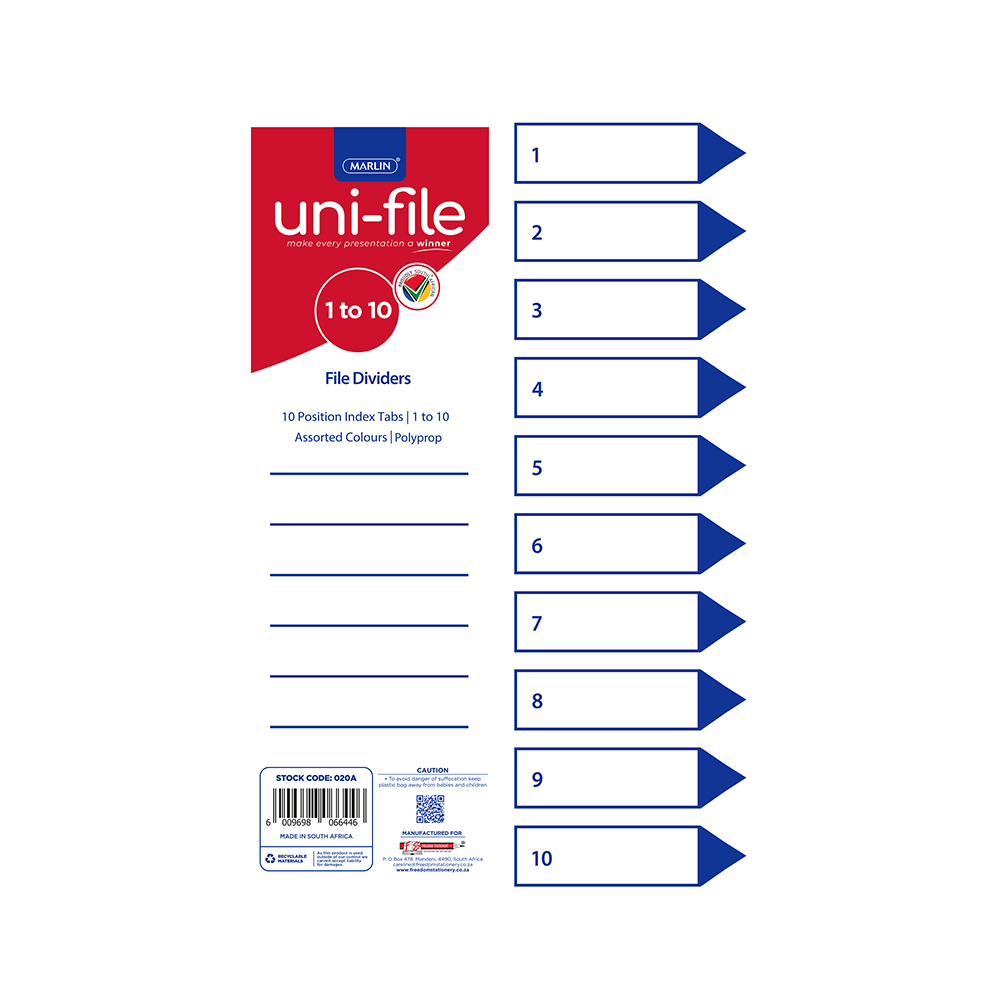 Marlin File dividers / indexes Polyprop: 10 position printed 1-10