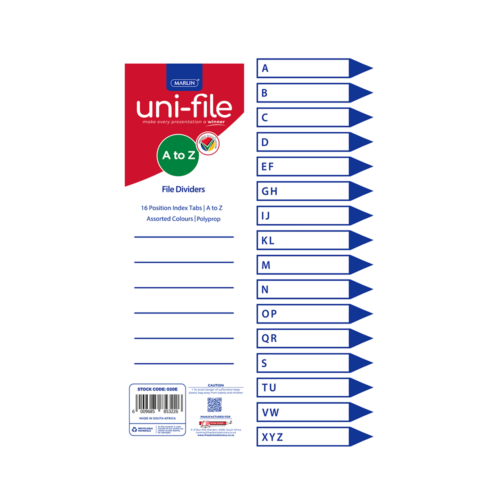 Marlin File dividers / indexes Polyprop: A to Z 16 position