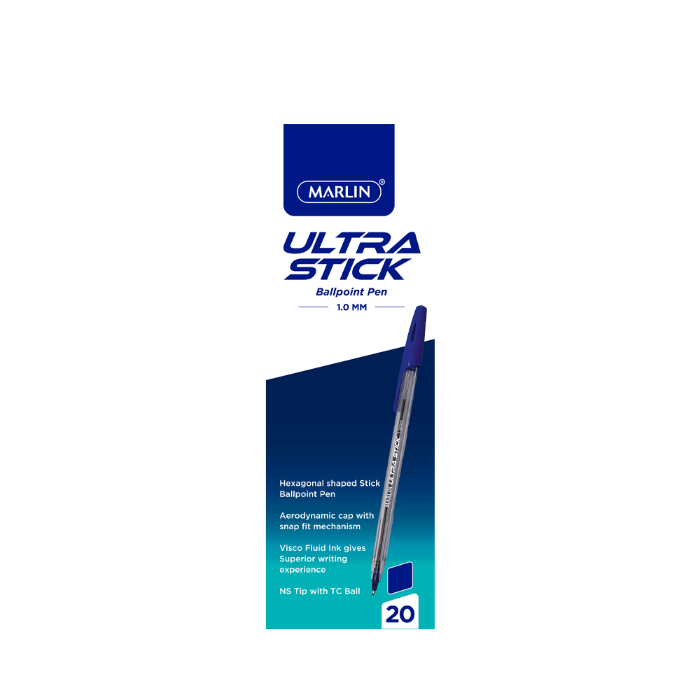 Marlin Ultra Stick Ballpoint Pens 20 Pack Blue 1.0mm