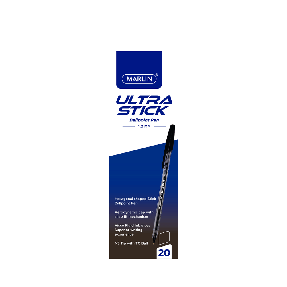 Marlin Ultra Stick Ballpoint Pens 20 Pack Black 1.0mm